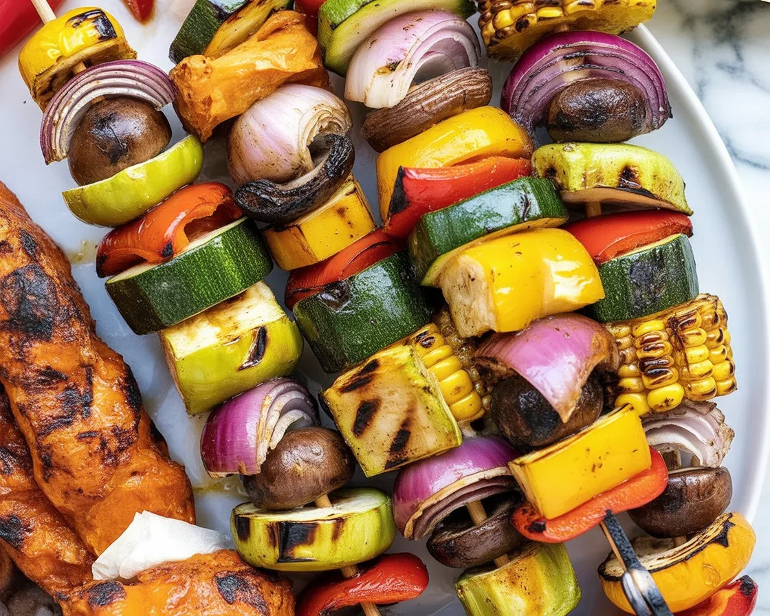 Colorful grilled vegetable skewers with zucchini, red onion, and bell peppers on a barbecue grill.