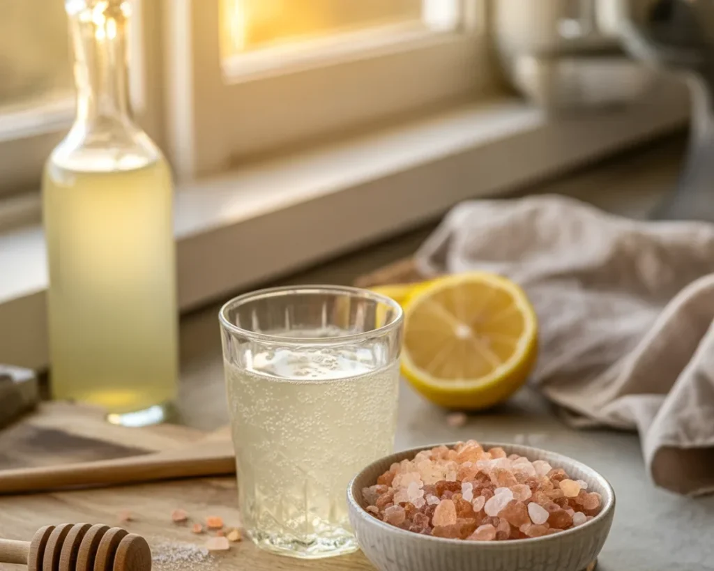 Pink salt weight loss recipe with Himalayan salt, lemon, and warm water.