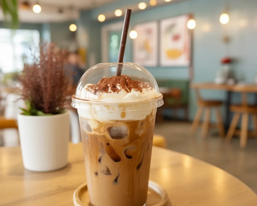 Refreshing Brown Sugar Cinnamon Iced Latte topped with cinnamon and brown sugar syrup