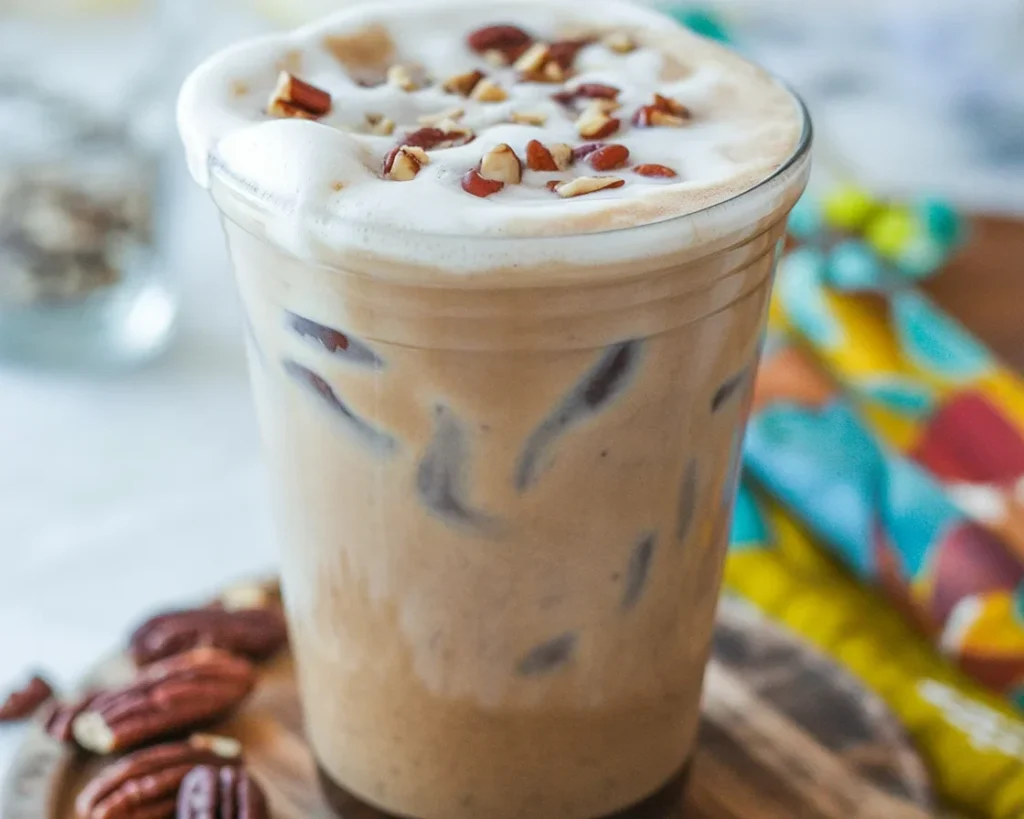 Homemade Starbucks Iced Pecan Crunch Oatmilk Latte with pecan syrup and oat milk over ice.