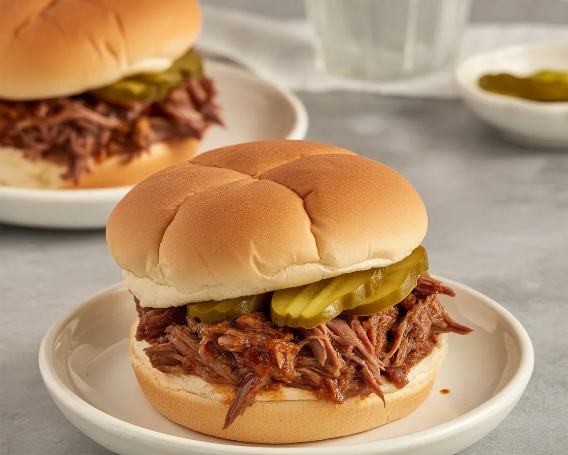 Delicious BBQ Pulled Beef Sandwiches served on crusty rolls with toppings.