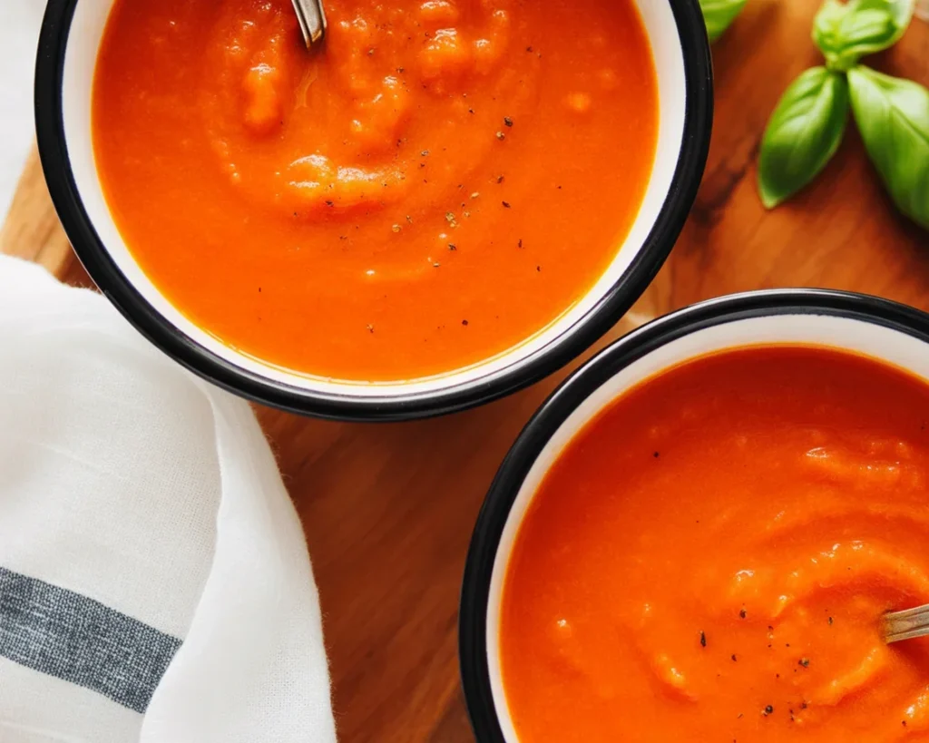 A bowl of Roasted Red Pepper and Tomato Soup garnished with fresh herbs