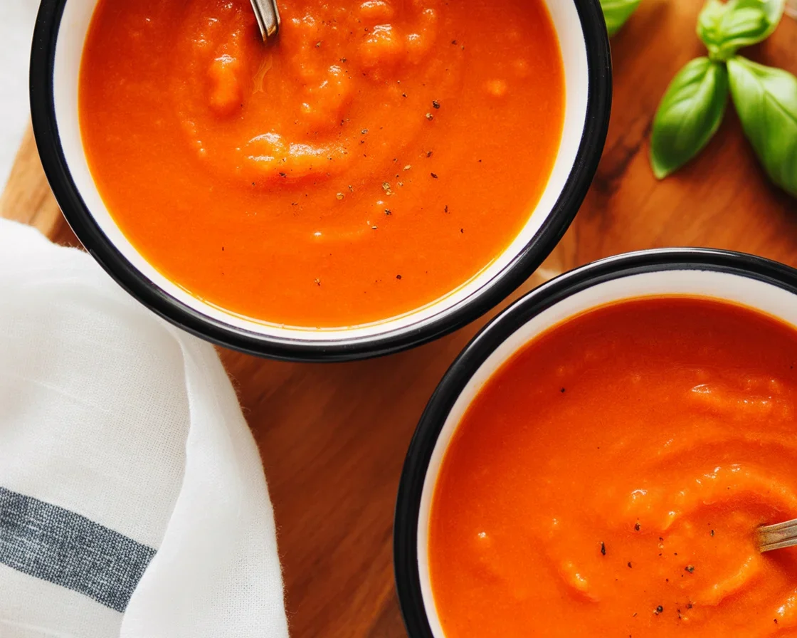 A bowl of Roasted Red Pepper and Tomato Soup garnished with fresh herbs