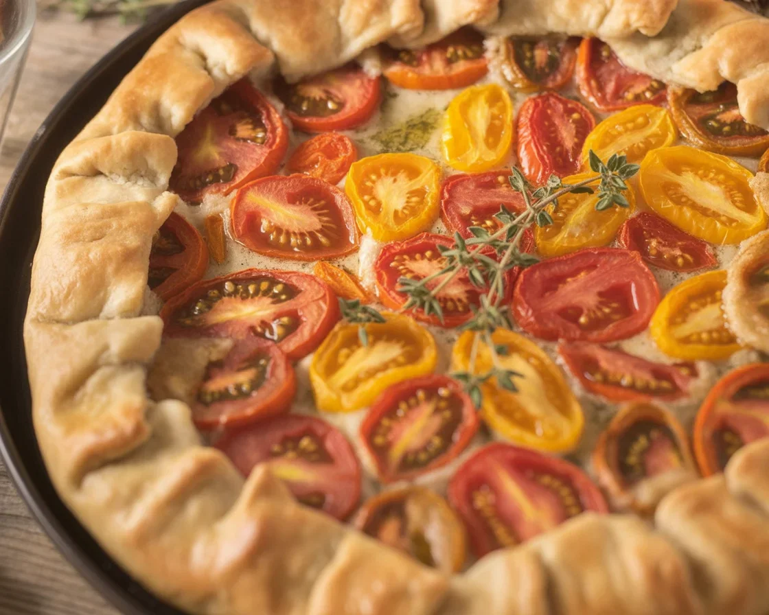 Simple Tomato Galette with Parmesan featuring a flaky crust and fresh tomatoes