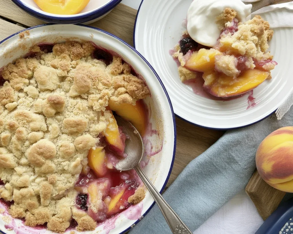 Delicious Peach and Blackberry Crumble topped with a buttery oat topping.