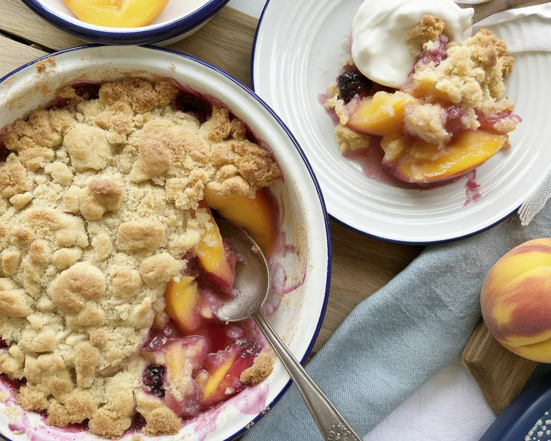 Delicious Peach and Blackberry Crumble topped with a buttery oat topping.