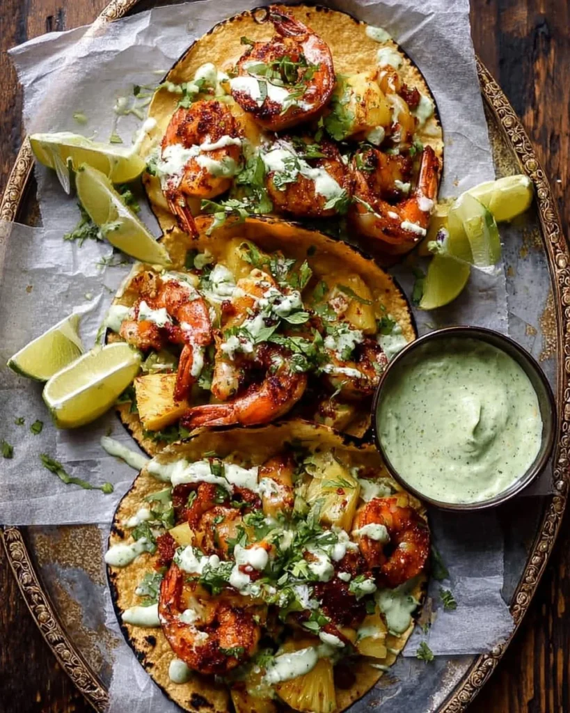 Sheet pan jalapeño pineapple shrimp tacos with cilantro garlic sauce