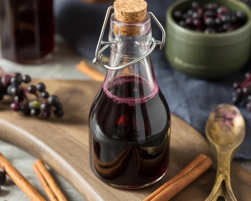 Homemade elderberry syrup ingredients and finished product in a jar