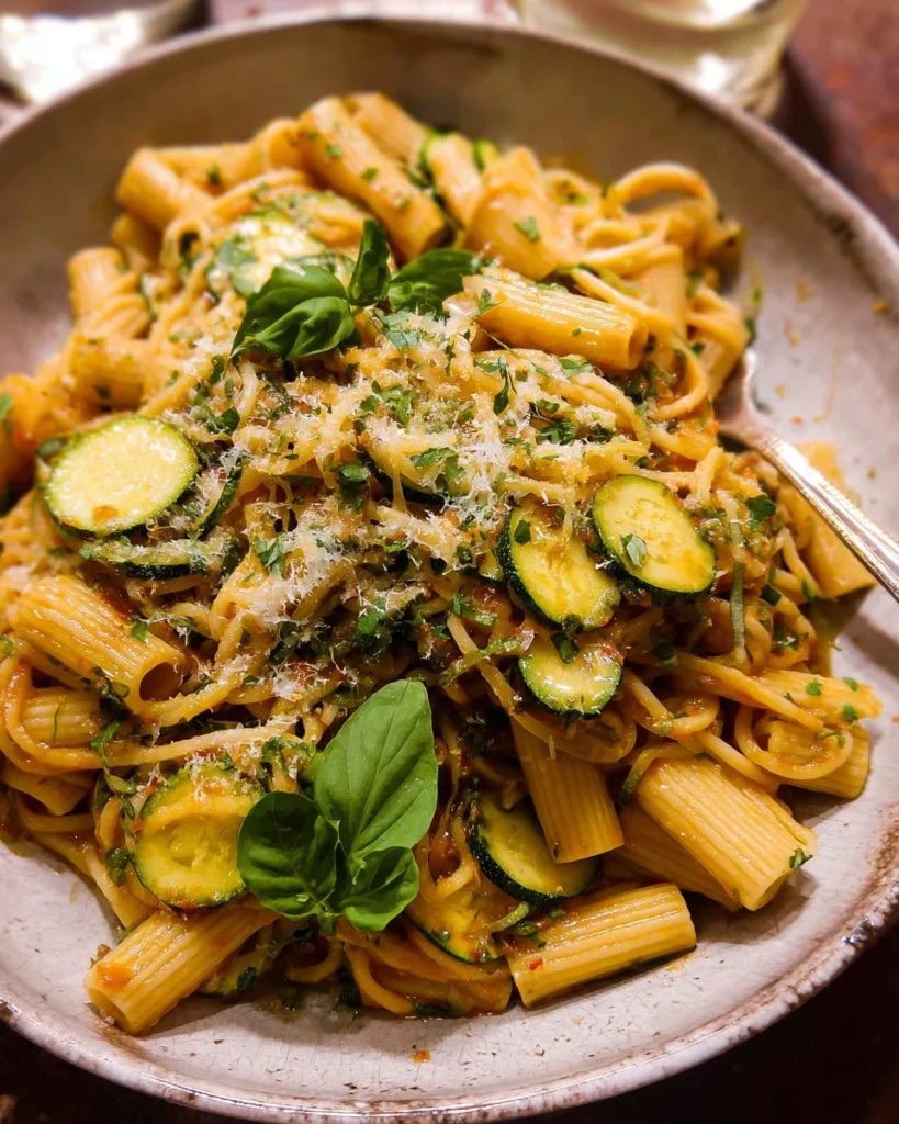 A bowl of zucchini parmesan pasta garnished with parsley and grated cheese.