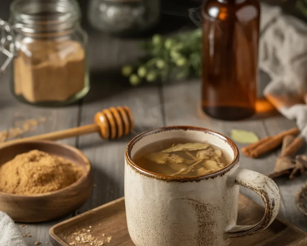 Cup of Slippery Elm Bark Tea made from organic Ulmus rubra for digestive health