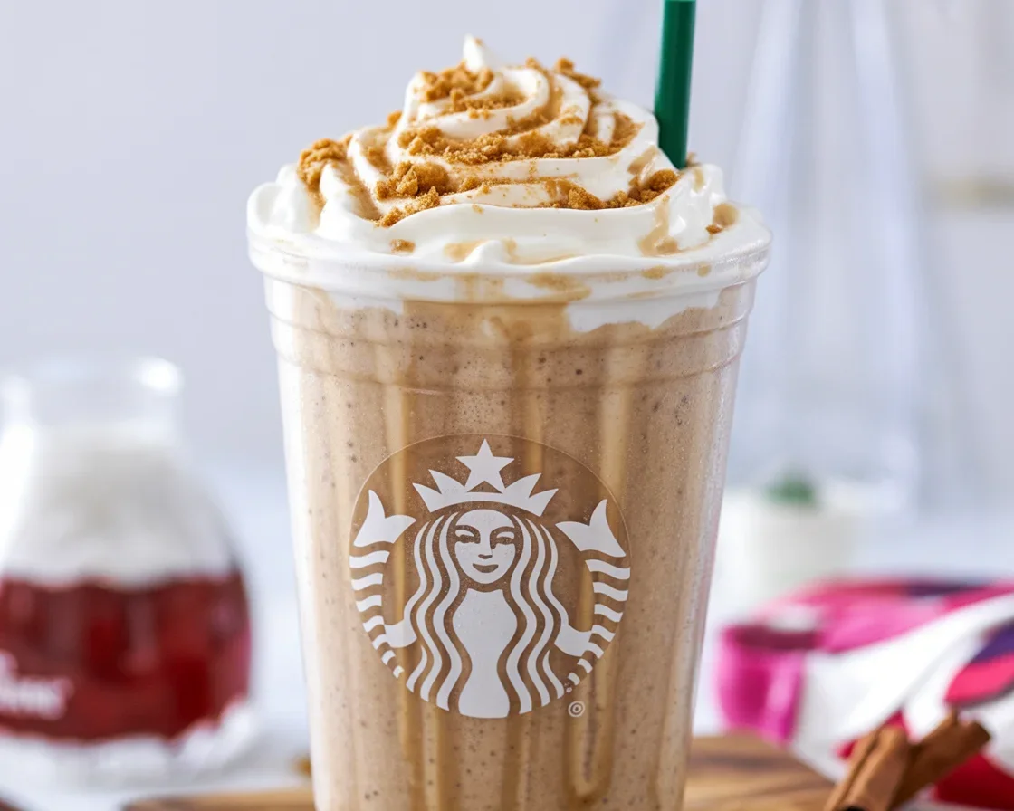 Cinnamon Crumble Oatmilk Frappuccino topped with vanilla cream and cinnamon crumble.
