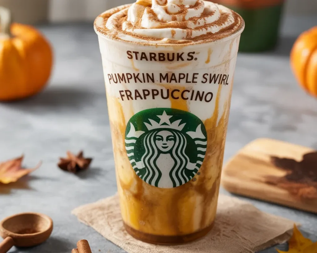 Delicious Pumpkin Maple Swirl Frappuccino topped with whipped cream and seasonal spices.