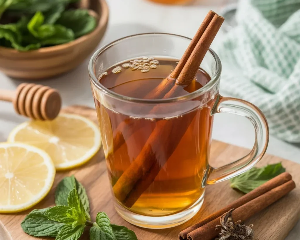 Cinnamon Honey Weight Loss Tea preparation with ingredients in a cup.