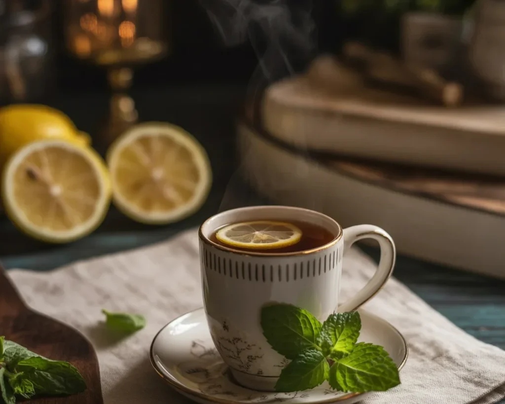 A cup of lemon balm tea with fresh leaves and a lemon slice for weight loss benefits.