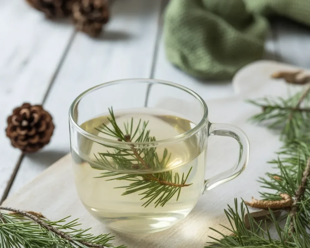 A cup of pine needle vitamin C tea, showcasing its herbal benefits and rich flavor.