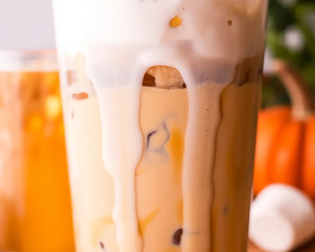 Iced Marshmallow Pumpkin Latte with cold foam and pumpkin spice topping.