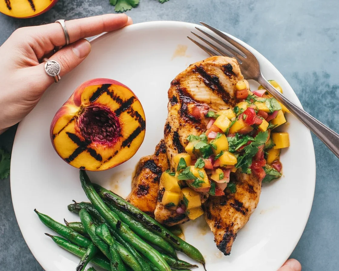 Grilled chicken topped with fresh peach salsa, a colorful and healthy summer dish.