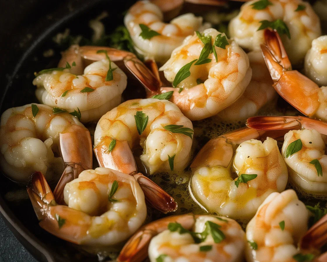 Grilled Shrimp with Garlic Herb Butter on a plate garnished with fresh herbs.