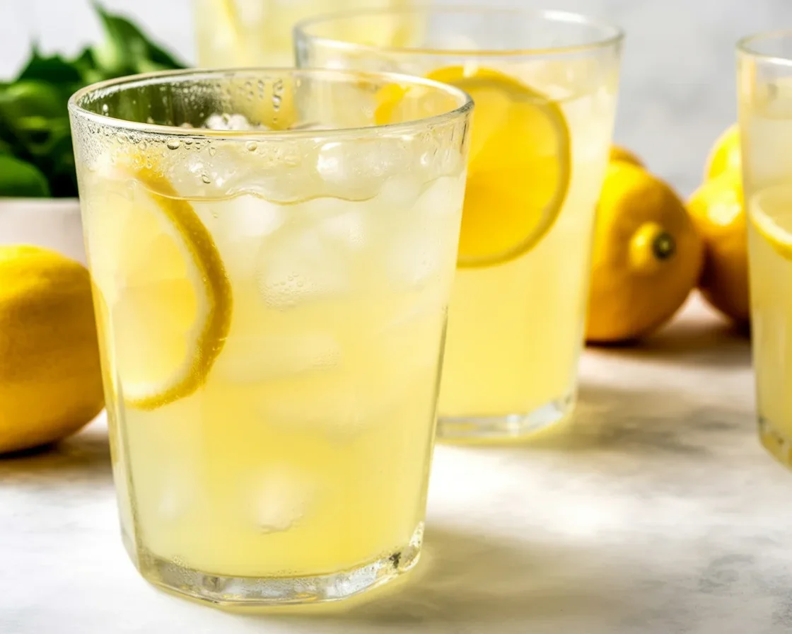 Refreshing glass of homemade lemonade with lemon slices and ice.