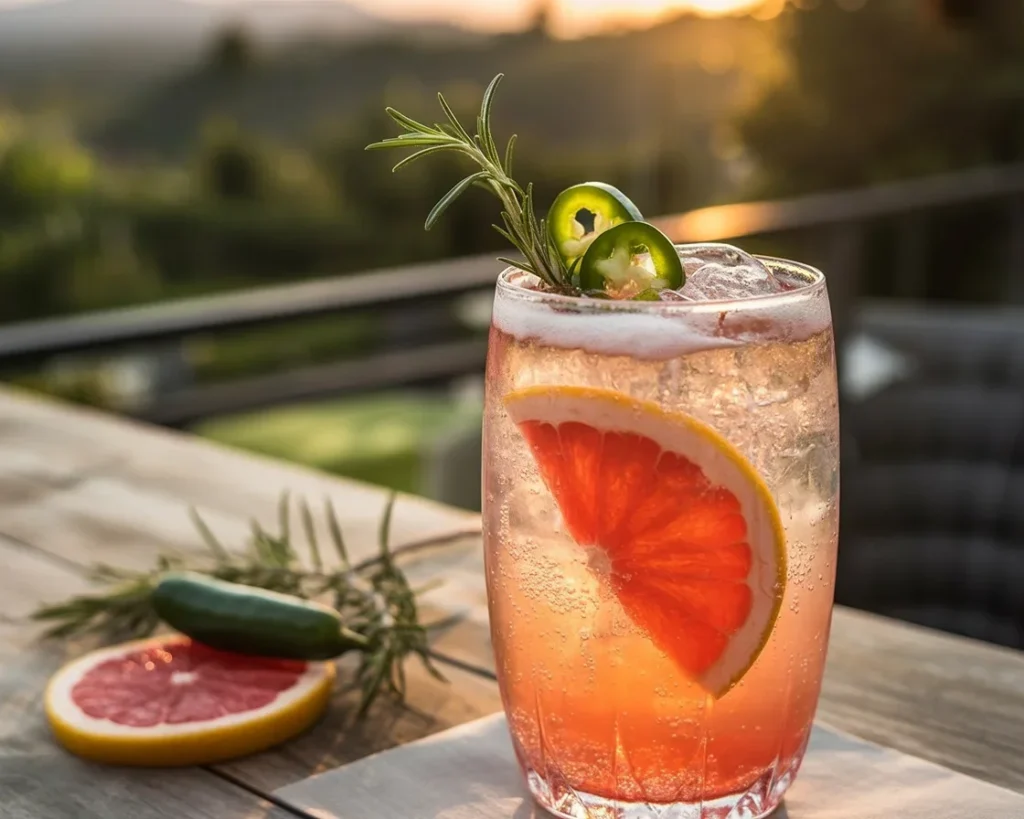 A vibrant Spicy Grapefruit Mocktail garnished with jalapeños and fresh herbs.