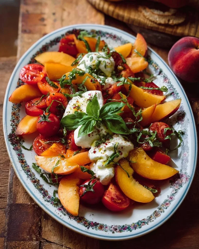 Fresh Tomato, Peach, and Burrata Salad served in a bowl
