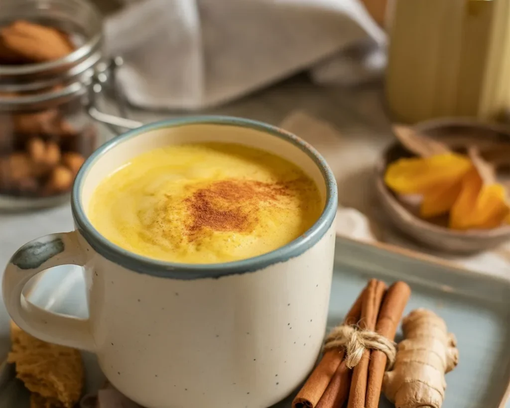 A comforting cup of golden milk made with turmeric and spices, perfect for reducing inflammation.