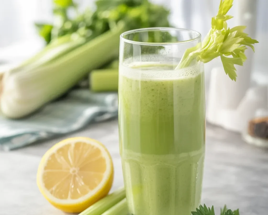 Freshly prepared celery juice for morning detox health benefits.