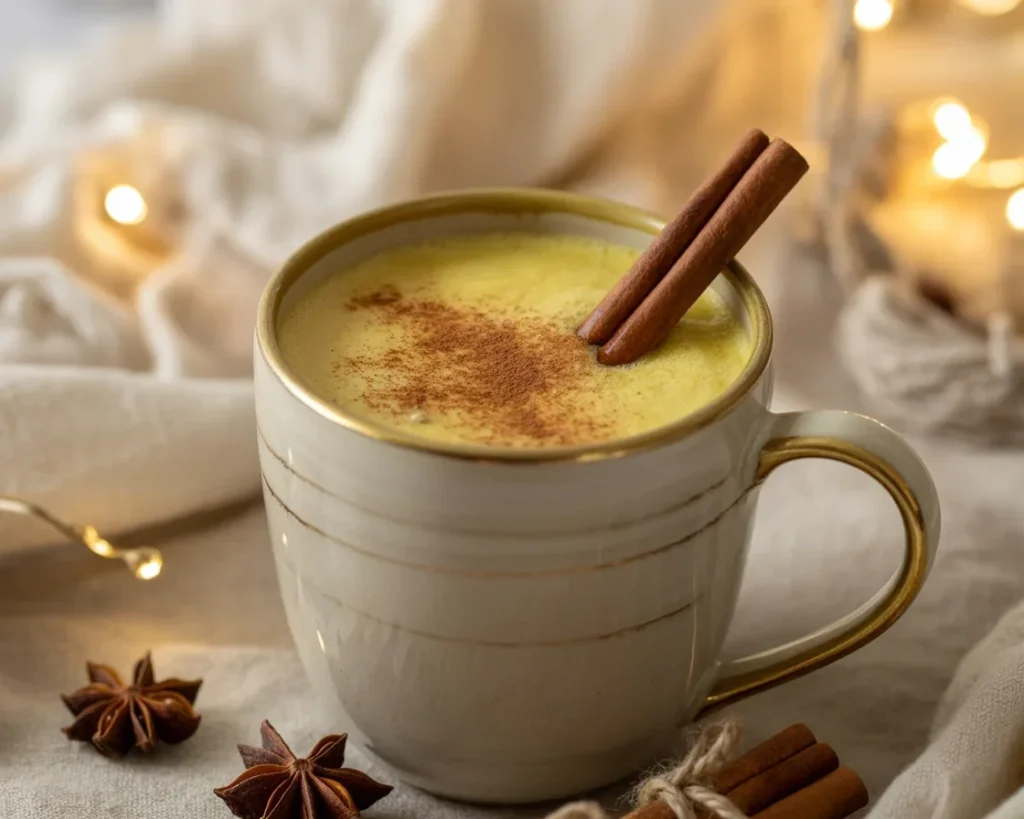 Delicious cup of Ashwagandha Moon Milk with spices and herbs for relaxation.