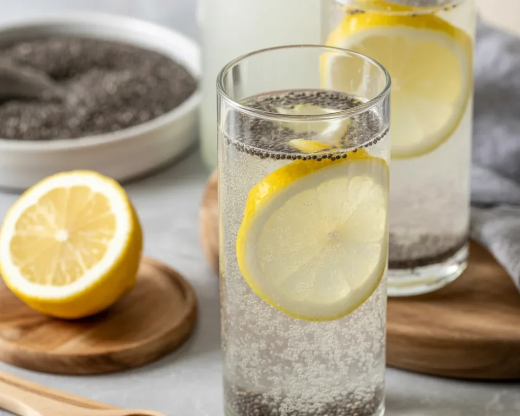 Chia Seed Lemon Water with lemon slices in a glass, highlighting hydration benefits