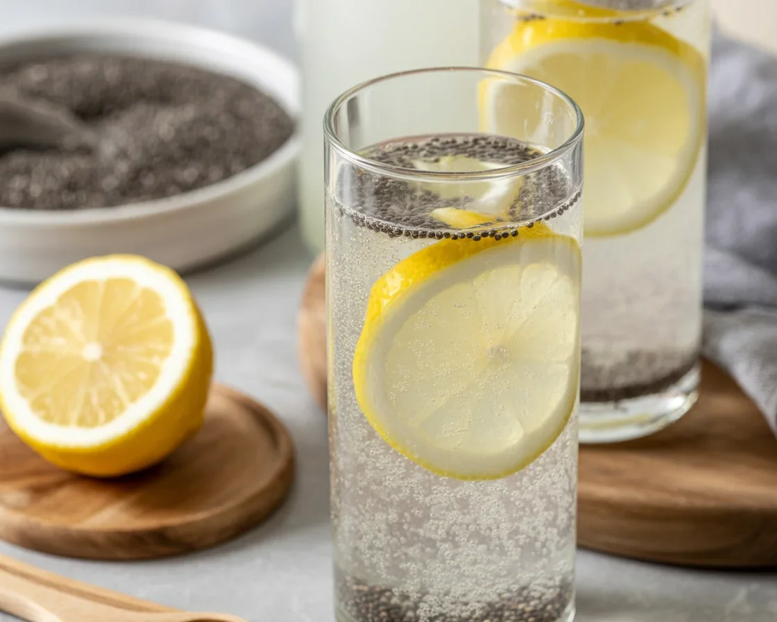 Chia Seed Lemon Water with lemon slices in a glass, highlighting hydration benefits