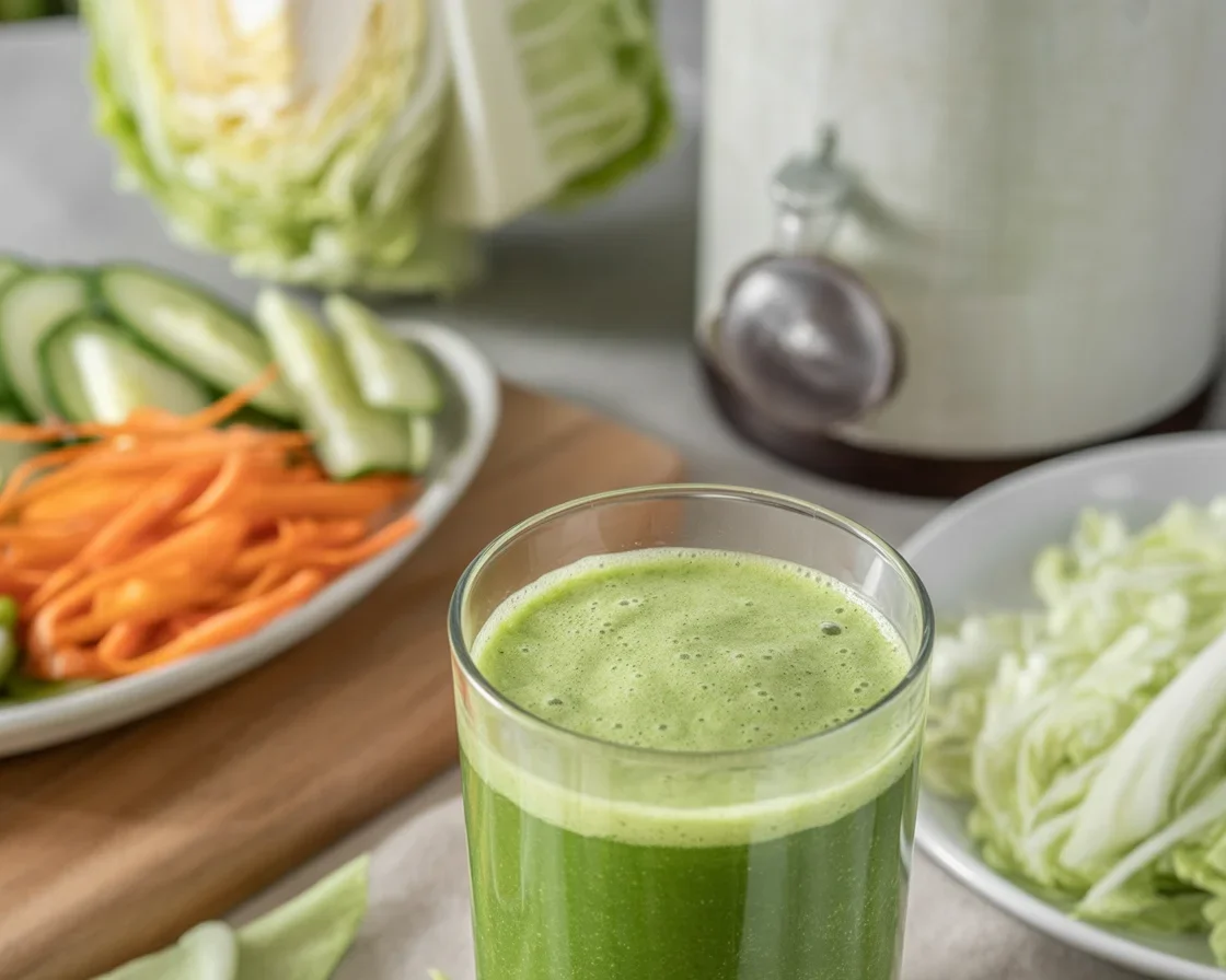 Fresh cabbage juice in a glass, known for its gut healing benefits.
