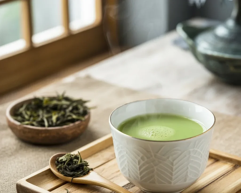 Cup of green tea with fresh leaves, symbolizing weight loss and metabolism boost.