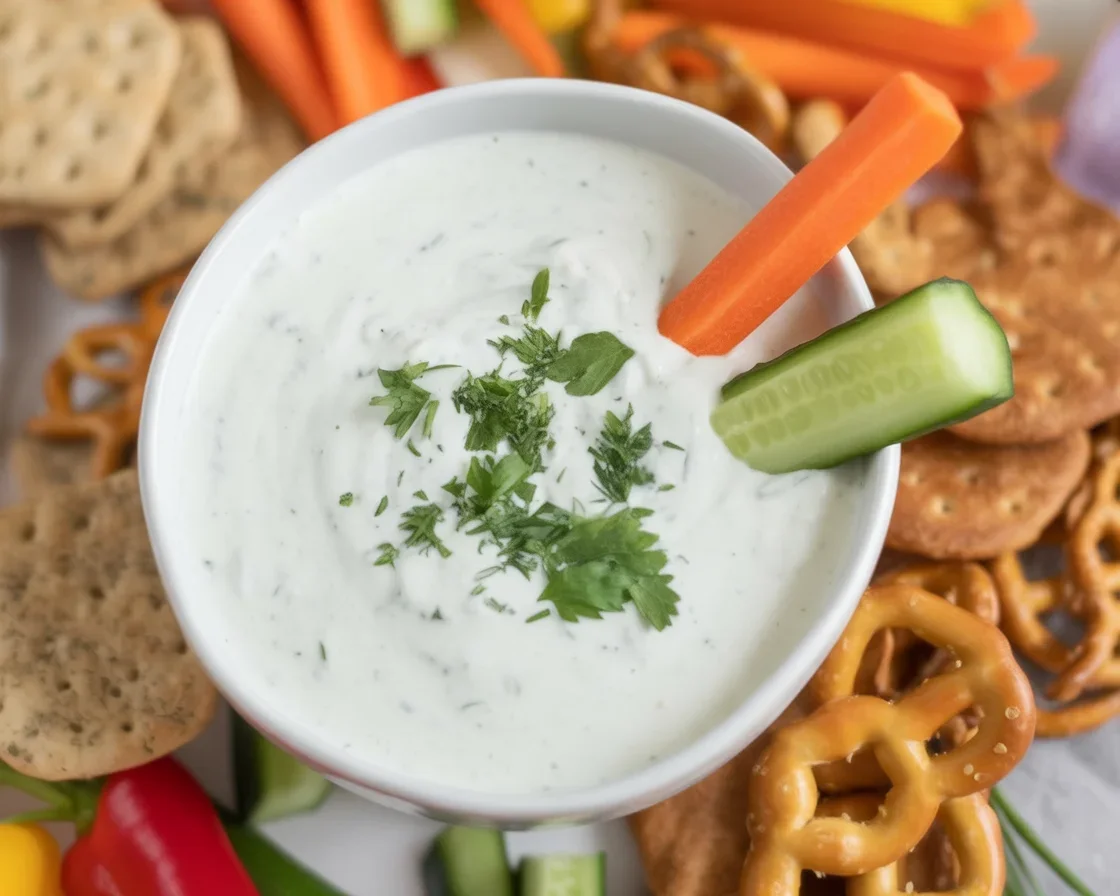 Veggie sticks served with creamy ranch dip in a colorful platter.
