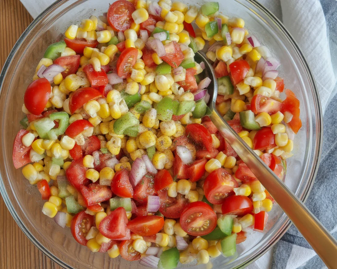 Fresh Sweet Corn and Bell Pepper Salad with vibrant colors and dressing.