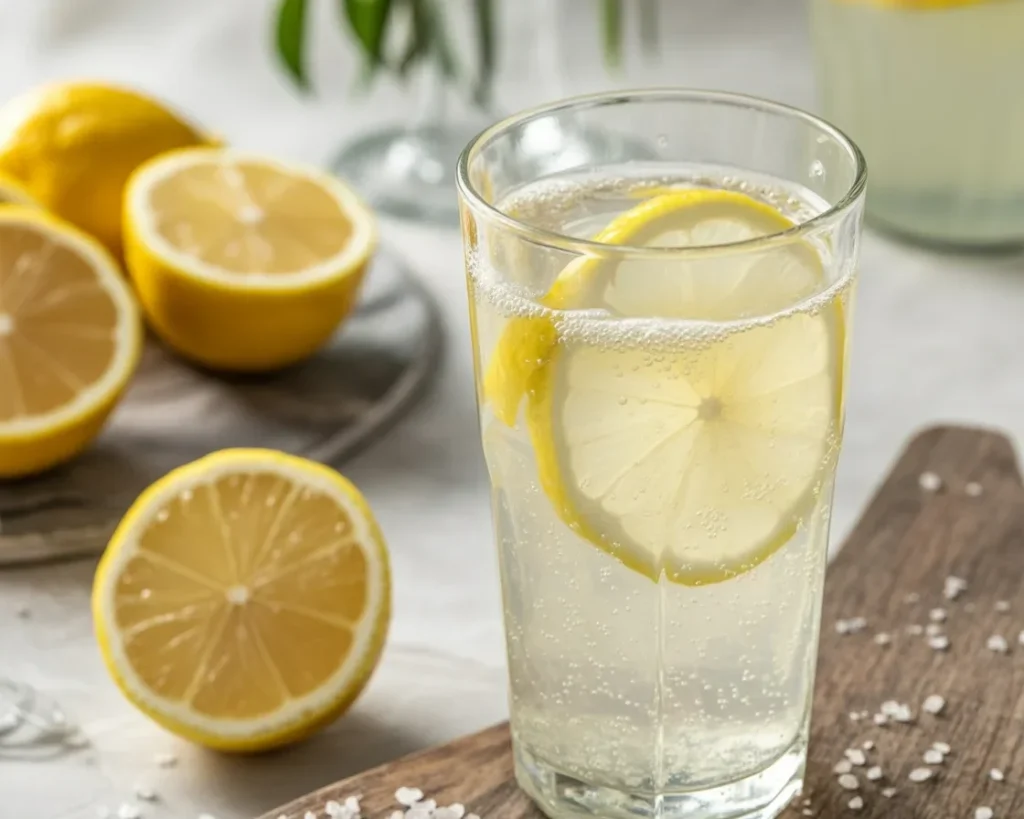 A glass of warm lemon water with sea salt, promoting hydration and health benefits.