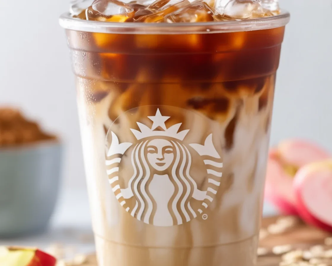 Iced Apple Crisp Oatmilk Macchiato Starbucks copycat with espresso and apple syrup.