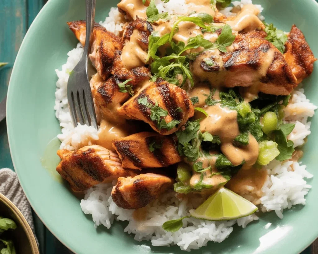 Spicy Chipotle Honey Salmon Bowl with rice, avocado salad, and cilantro dressing.