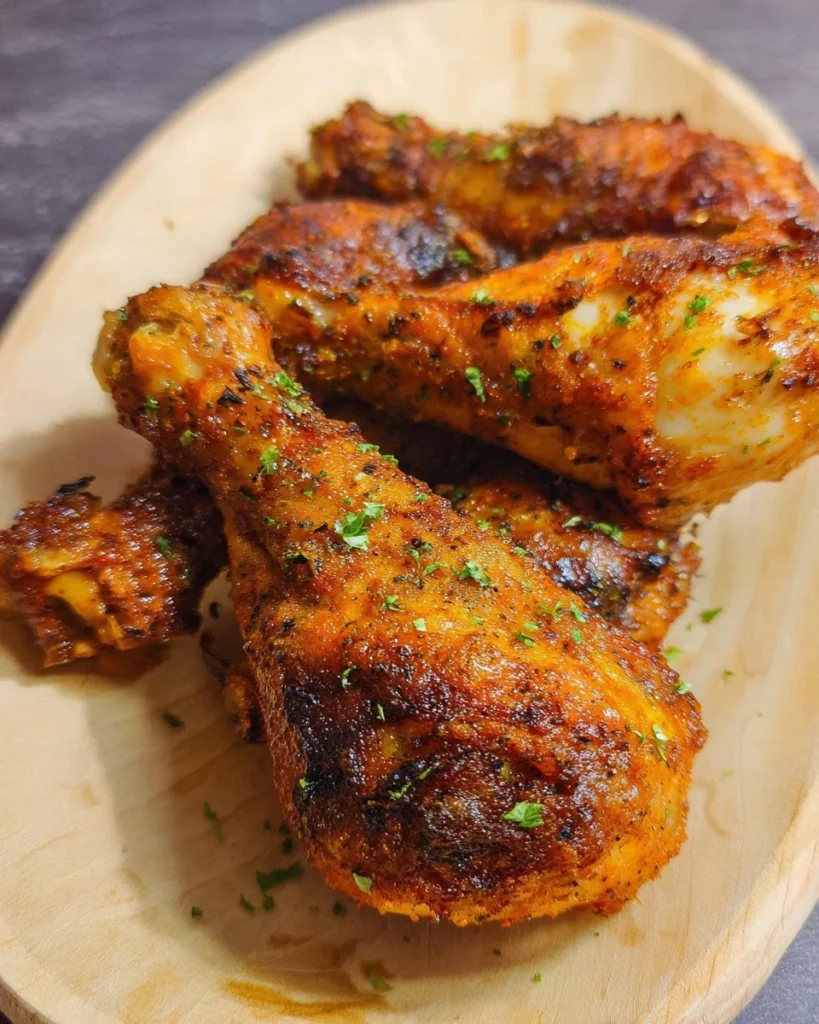 Crispy air fryer chicken legs garnished with herbs and spices.