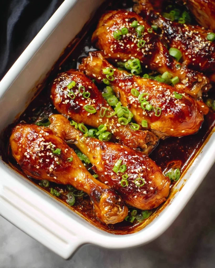Baked teriyaki chicken drumsticks garnished with sesame seeds and green onions.