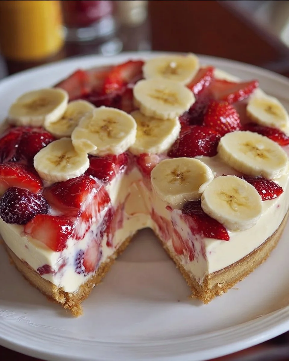 Delicious Banana-Strawberry Cheesecake topped with fresh fruit slices.