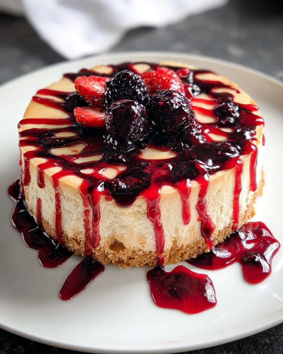 Delicious Bloody Berry Cheesecake with rich berry sauce on top