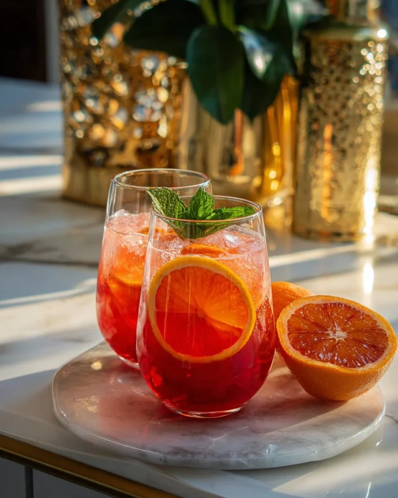 Delicious Bloody Orange Soda Punch mocktail served in a glass with ice.