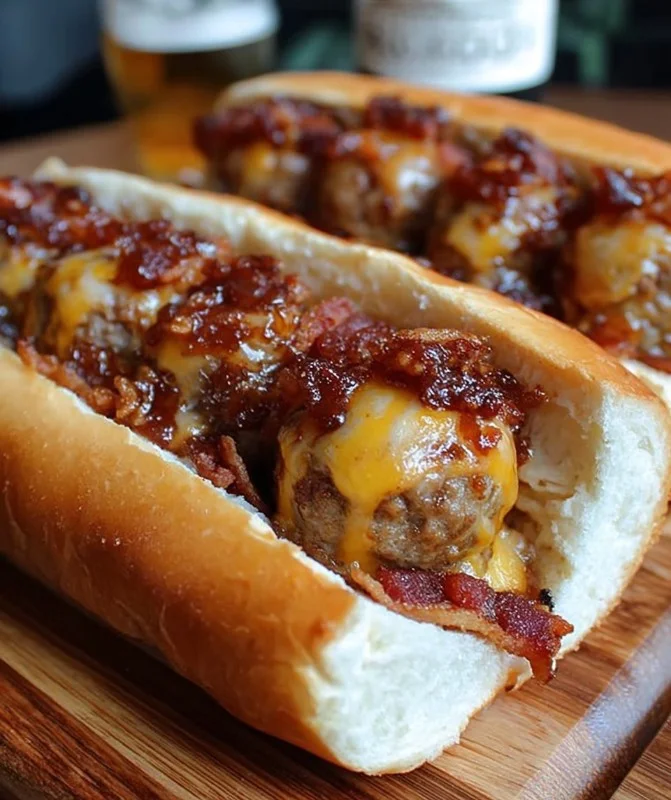 Bourbon BBQ Bacon Cheeseburger Meatball Subs on a platter