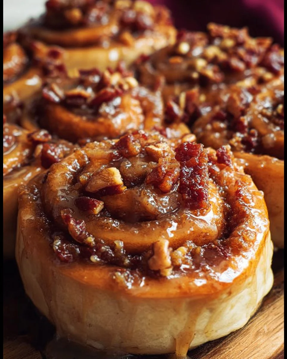 Freshly baked Bourbon Maple Bacon Cinnamon Rolls drizzled with glaze