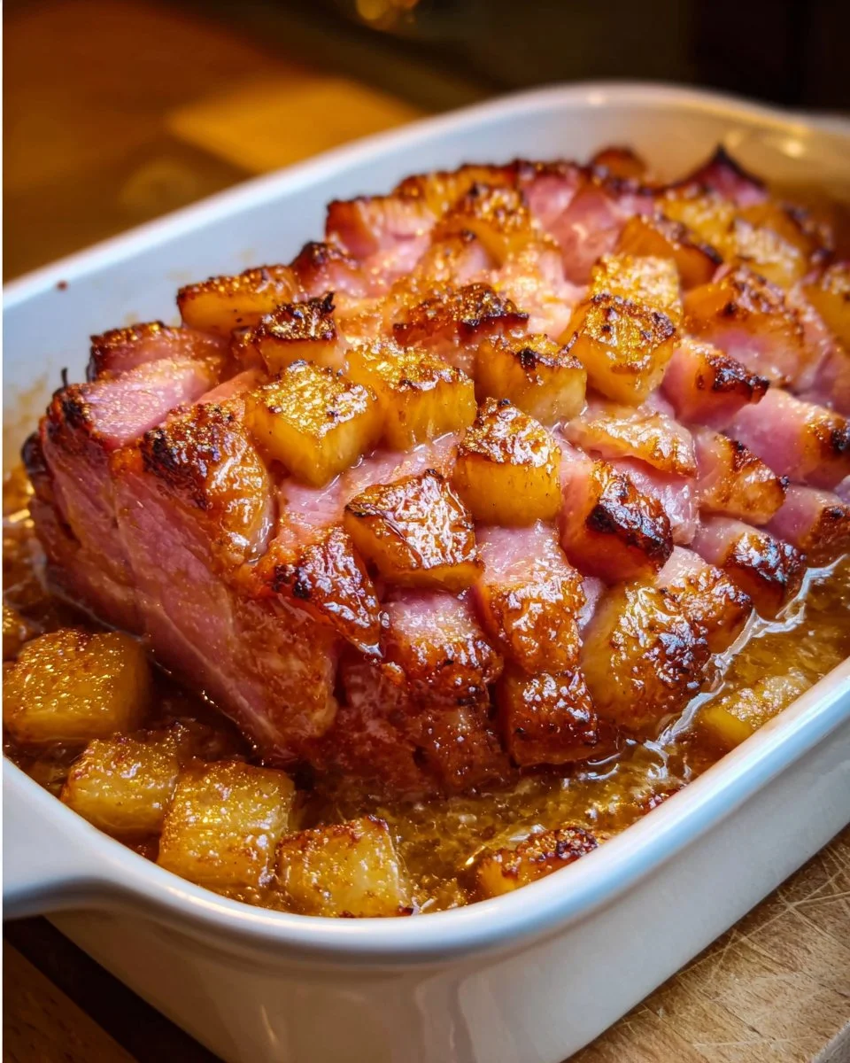Brown Sugar Pineapple Ham Bake ready to serve with a sweet glaze