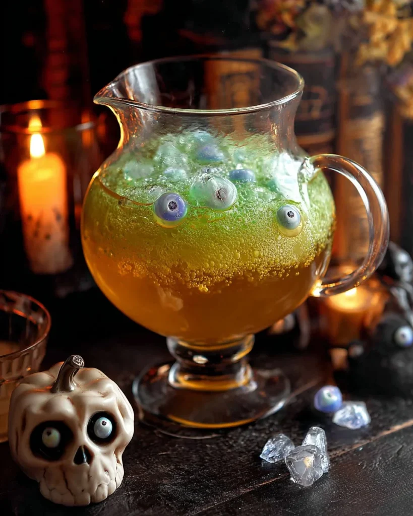 A vibrant Bubbly Witches Brew Halloween drink with colorful ingredients.