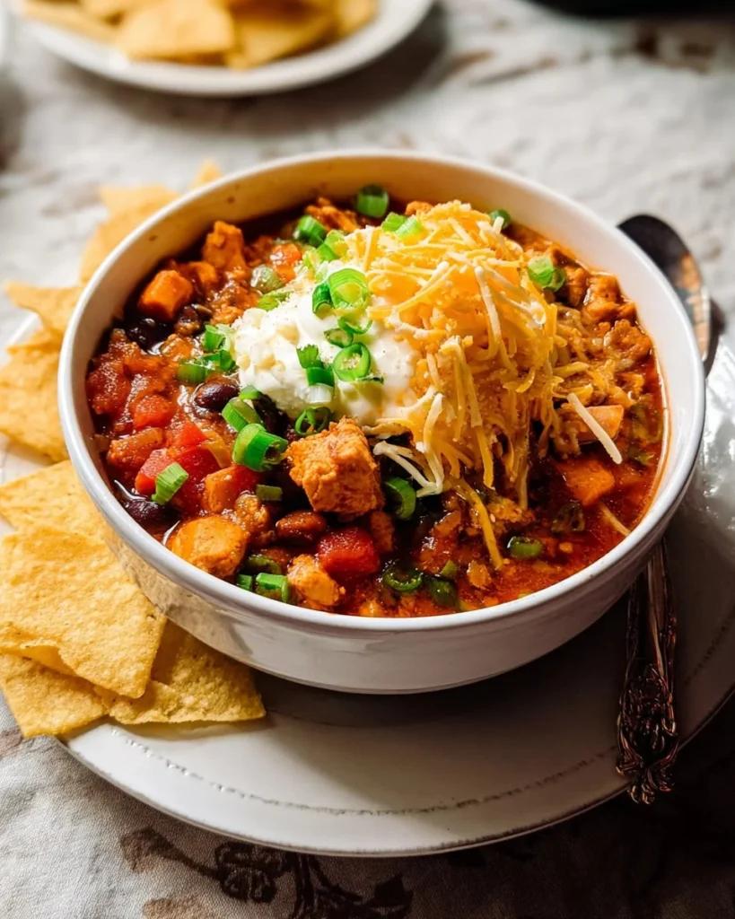 Bowl of spicy Buffalo Chicken Chili topped with green onions and cheese.