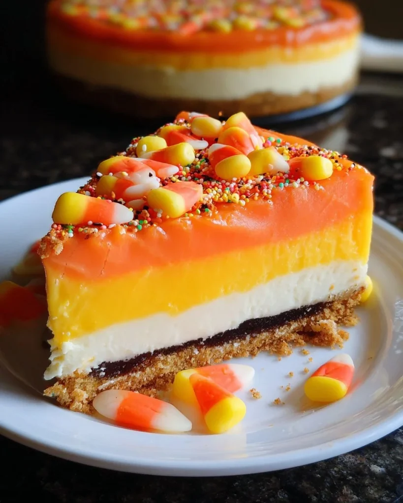A delicious Candy Corn Cheesecake topped with colorful candy corn for Halloween.