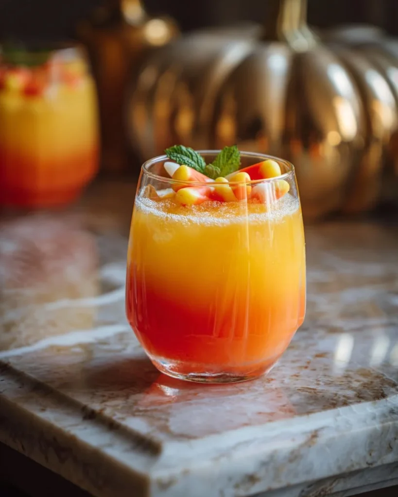 Colorful Candy Corn Punch mocktail in a festive glass