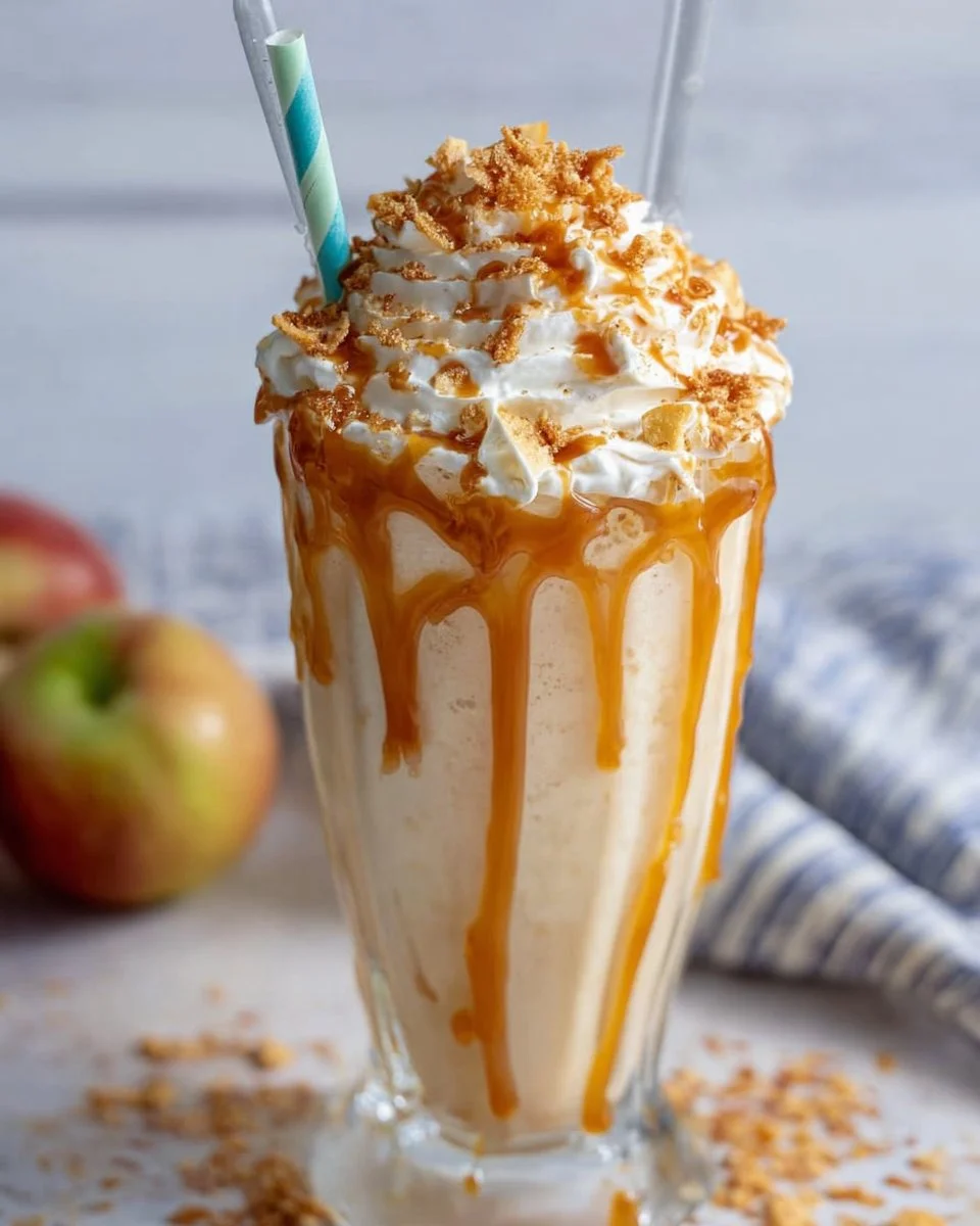 Delicious caramel apple pie milkshake topped with whipped cream and caramel drizzle